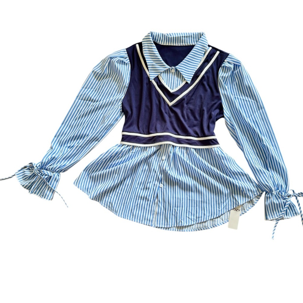 NWT Yozy Blue Striped Blouse with Navy Vest Overlay XXL